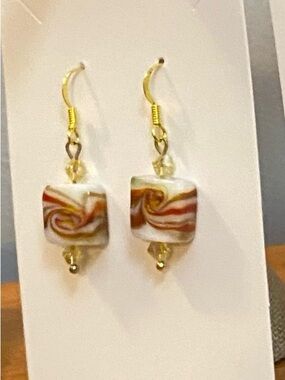 Handcrafted Swirl Drop Tile Earrings - Gold & Multicolor
